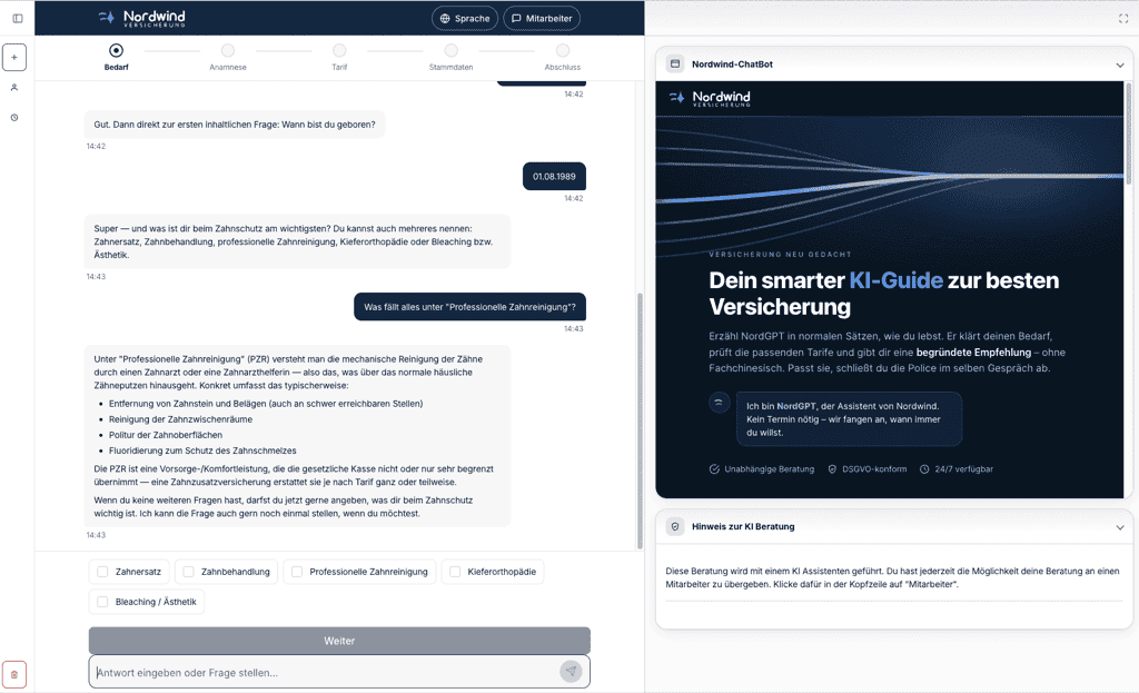 Kundenansicht der Plattform apeiron/one im Branding eines Partners: geführte Beratung zur Zahnzusatzversicherung mit Fortschrittsleiste von Bedarf bis Abschluss, Auswahloptionen und Übergabe an einen Mitarbeiter.